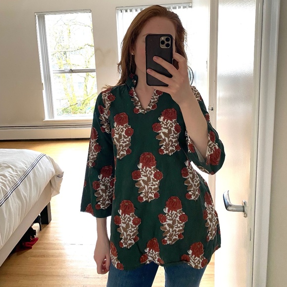 Forest Green Marigold Print Tunic Top - Picture 1 of 4